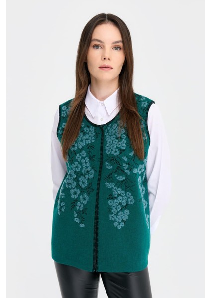 Kadın Sıfır Yaka Pıtırcık Çiçekli Yün Yelek K.ö.başı