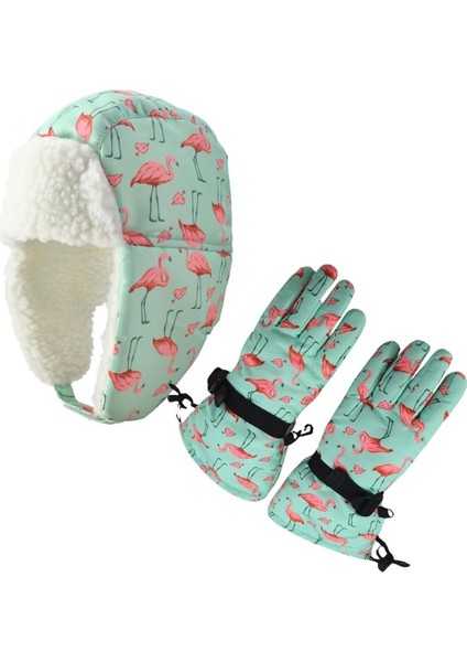 Sugeçirmez Kız Çocuk Bere Eldiven Set Mint Pembe Flamingo Desenli Kayak Snowboard 4-8 Yaş