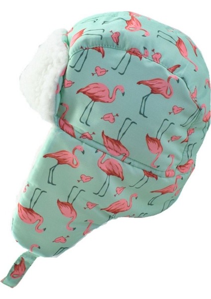 Sugeçirmez Kız Çocuk Bere Eldiven Set Mint Pembe Flamingo Desenli Kayak Snowboard 4-8 Yaş