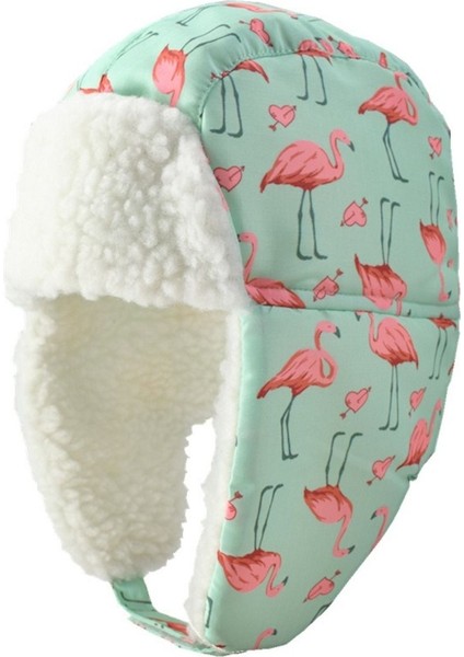 Sugeçirmez Kız Çocuk Bere Eldiven Set Mint Pembe Flamingo Desenli Kayak Snowboard 4-8 Yaş