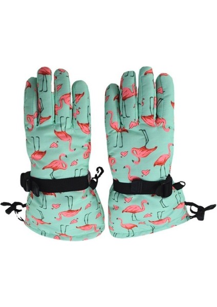 Sugeçirmez Kız Çocuk Bere Eldiven Set Mint Pembe Flamingo Desenli Kayak Snowboard 4-8 Yaş