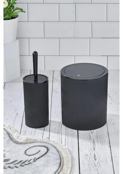 2'li Banyo Seti -Stil Yuvarlak Dokunmatik Pratik Kapaklı Çizgili Banyo Çöp Kovası - Fırça Seti Siyah