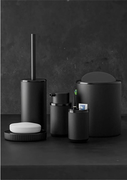 5 Parça Lüx Banyo Seti - Dekoratif Yuvarlak Pratik Kapak Çöp Kovası Diş Fırçalık Sabunluk Fırça Seti