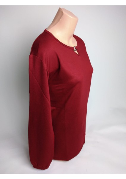 Kadın Bordo Taşlı Bisiklet Yaka Yırtmaçlı Uzun Kollu Bilek Lastikli Iki Iplik Bluz Tişört fiyatları