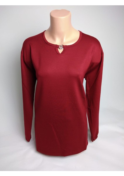 Kadın Bordo Taşlı Bisiklet Yaka Yırtmaçlı Uzun Kollu Bilek Lastikli Iki Iplik Bluz Tişört