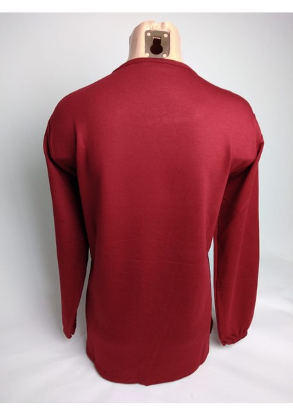 Kadın Bordo Taşlı Bisiklet Yaka Yırtmaçlı Uzun Kollu Bilek Lastikli Iki Iplik Bluz Tişört modelleri