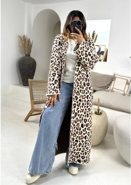 Leopar Desenli Uzun Triko Ceket