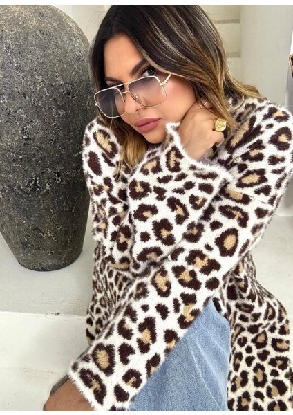Leopar Desenli Uzun Triko Ceket