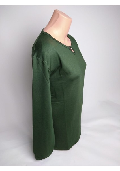 Kadın Yeşil Taşlı Bisiklet Yaka Yırtmaçlı Uzun Kollu Bilek Lastikli Iki Iplik Bluz Tişört fiyatları