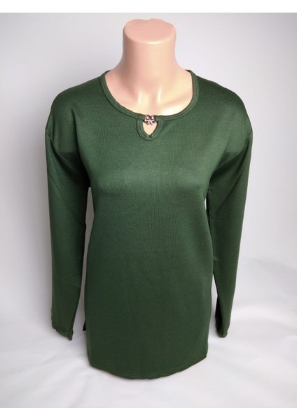 Kadın Yeşil Taşlı Bisiklet Yaka Yırtmaçlı Uzun Kollu Bilek Lastikli Iki Iplik Bluz Tişört