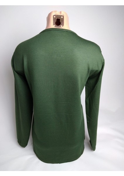 Kadın Yeşil Taşlı Bisiklet Yaka Yırtmaçlı Uzun Kollu Bilek Lastikli Iki Iplik Bluz Tişört modelleri