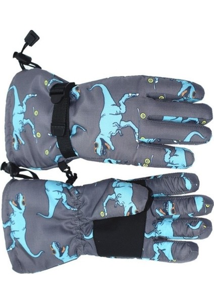 Su Geçirmez Erkek Çocuk Bere Eldiven Set 4-8 Yaş Kayak Snowboard Bere Eldiven Gri Mavi Dino