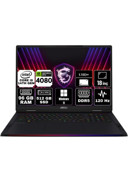 Msı Raıder 18 Hx Intel Core I9 14900HX 96GB 512GB SSD RTX4080/12GB Windows 11 Pro 18" Uhd+ Taşınabilir Bilgisayar A14VHG-465TR-A28 & Anzar Mouse