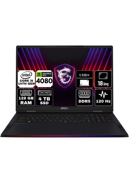 Msı Raıder 18 Hx Intel Core I9 14900HX 128GB 4tb SSD RTX4080/12GB Freedos 18" Uhd+ Taşınabilir Bilgisayar A14VHG-465TR-A9 & Anzar Mouse