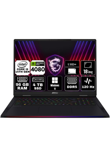 Msı Raıder 18 Hx Intel Core I9 14900HX 96GB 4tb SSD RTX4080/12GB Windows 11 Pro 18" Uhd+ Taşınabilir Bilgisayar A14VHG-465TR-A31 & Anzar Mouse