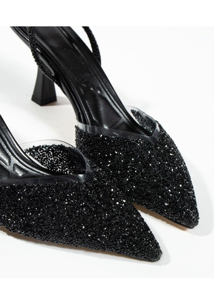 London Cam Kırıntıları Detay Arkası Açık Topuklu Ayakkabı modelleri