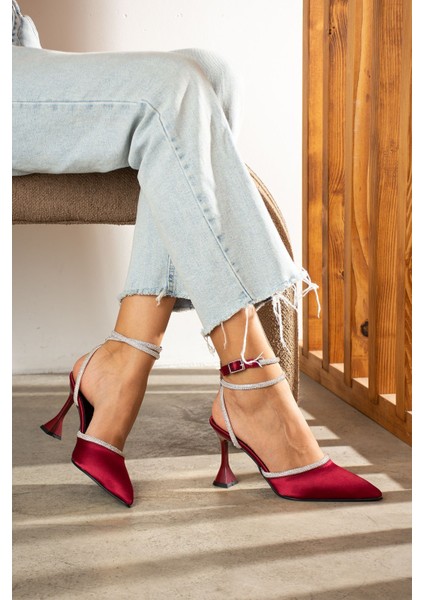 Bordo Saten Bilekten Bağlamalı Topuklu Kadın Ayakkabı