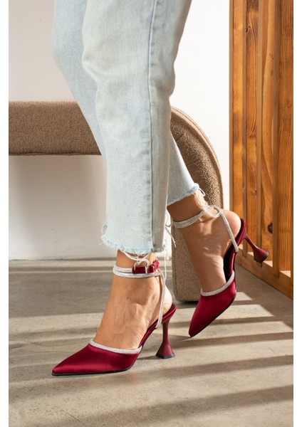 Bordo Saten Bilekten Bağlamalı Topuklu Kadın Ayakkabı modelleri