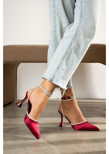 Bordo Saten Bilekten Bağlamalı Topuklu Kadın Ayakkabı indirimleri