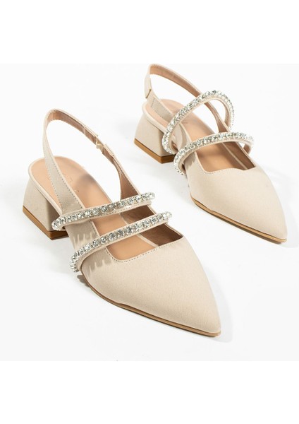 Duxal Kadın Taşlı Bej Babet Topuklu Ayakkabı El Yapımı 37 Numara Şık