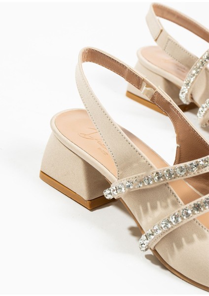 Duxal Kadın Taşlı Bej Babet Topuklu Ayakkabı El Yapımı 37 Numara Şık modelleri
