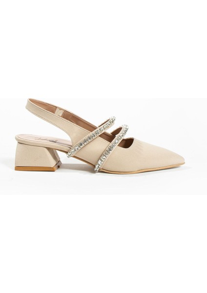 Duxal Kadın Taşlı Bej Babet Topuklu Ayakkabı El Yapımı 37 Numara Şık fırsatları