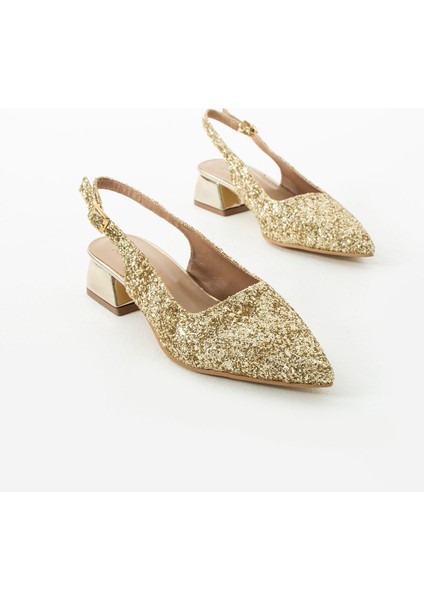 Londra Cam Kırıntıları Detay Arkası Açık Topuklu Ayakkabı