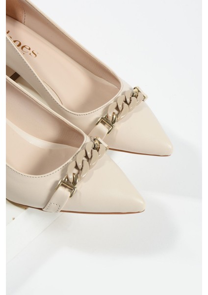 Bej Zincir Detay Kadın Topuklu Ayakkabı fiyatları