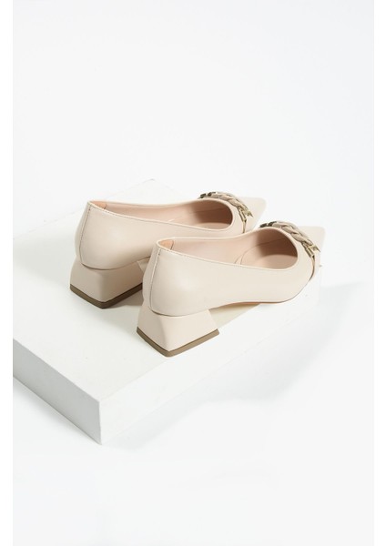 Bej Zincir Detay Kadın Topuklu Ayakkabı modelleri