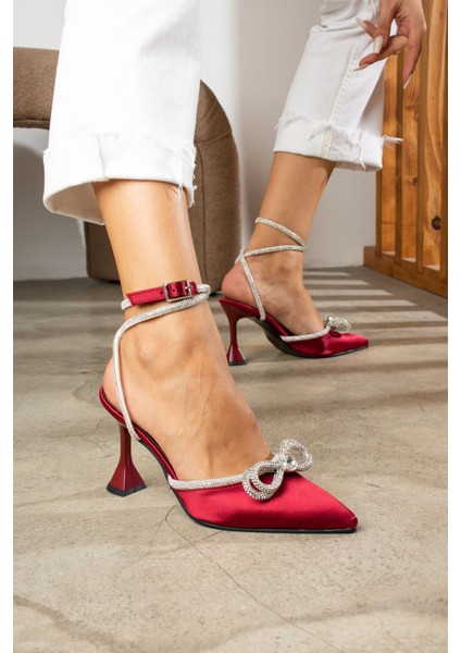 Bordo Saten Bilekten Bağlamalı Taşlı Fiyonklu Topuklu Kadın Ayakkabı indirimleri