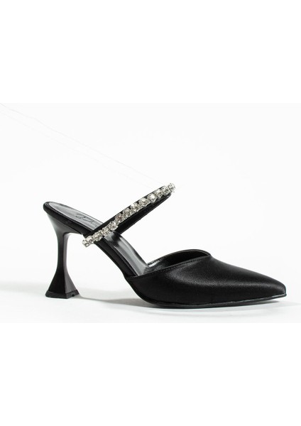 Siyah Saten Kadın Topuklu Ayakkabı Taş Detaylı Yüksek Topuk 38 Numara