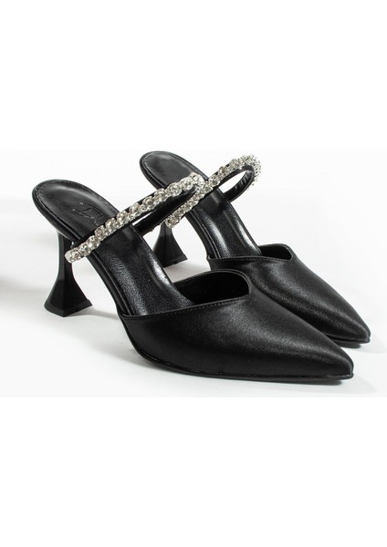 Siyah Saten Kadın Topuklu Ayakkabı Taş Detaylı Yüksek Topuk 38 Numara fiyatları