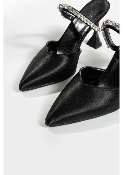Siyah Saten Kadın Topuklu Ayakkabı Taş Detaylı Yüksek Topuk 38 Numara modelleri