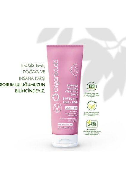 Organixlab Güneş Koruyucu Etkili Gözenek Karşıtı Yüz Kremi - Uva ve Uvb Etkili Spf 50 Güneş Kremi 75 ml