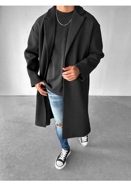 Erkek Oversize Uzun Kaşe Kaban Siyah modelleri