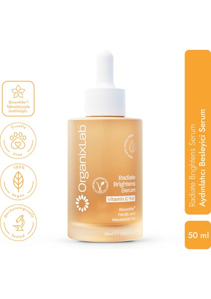 Organixlab Radiate Brightens C Vitaminli Aydınlatıcı Serum I Cilt Tonu Eşitleyici | Tüm Cilt Tipleri 50 ml