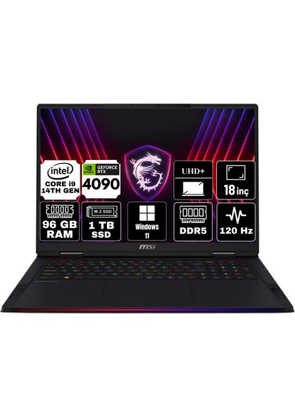 Msı Raıder 18 Hx Intel Core I9 14900HX 96GB 1tb SSD RTX4090/16GB Windows 11 Home 18" Uhd+ Taşınabilir Bilgisayar A14VIG-468TR-A16 & Anzar Mouse