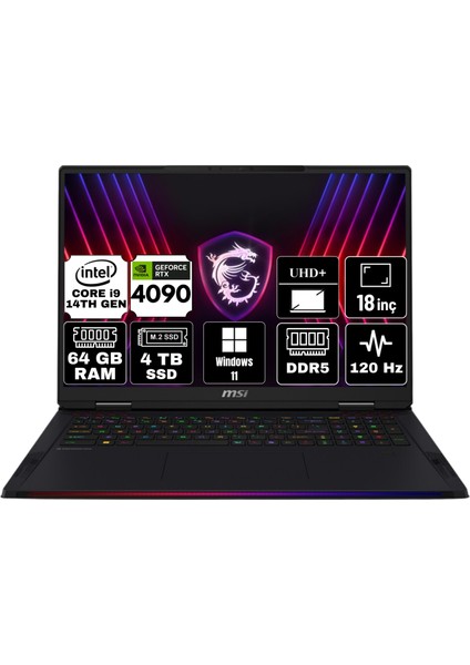 Msı Raıder 18 Hx Intel Core I9 14900HX 64GB 4tb SSD RTX4090/16GB Windows 11 Pro 18" Uhd+ Taşınabilir Bilgisayar A14VIG-468TR-A27 & Anzar Mouse