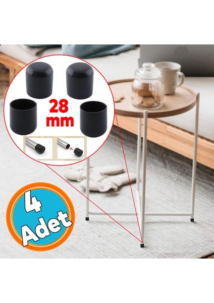 4 Adet Masa Sandalye Sehpa Ayak Tapası Tıpa Papuç Takoz Yuvarlak Siyah 28 mm Parke Zemin Koruyucu