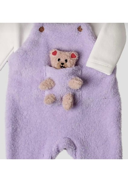 Peluş Ayıcıklı Cepli Salopet Tulum ve Body Kız Bebek 2'li Takım