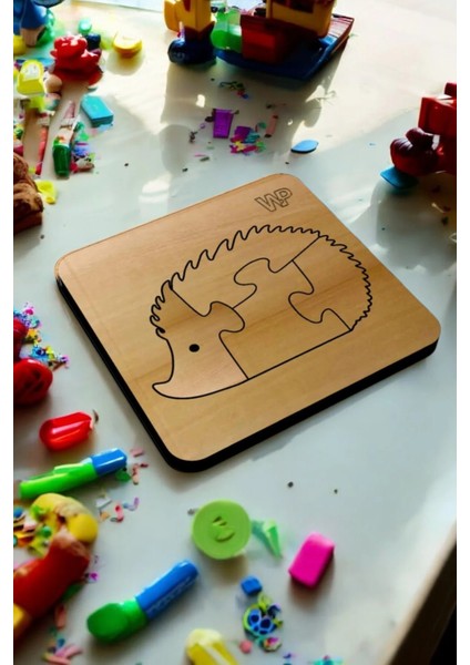 Eğitici Puzzle 4mm Plywood Ahşap Boyanabilir Çocuklar Için - Hayvanlar Serisi -Kirpi Boya Setli