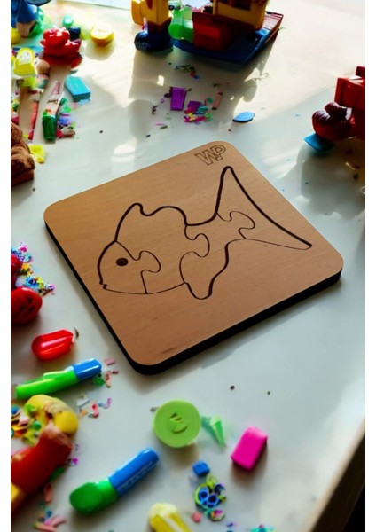 Eğitici Puzzle 4mm Plywood Ahşap Boyanabilir Çocuklar Için - Hayvanlar Serisi -Balık Boya Setli