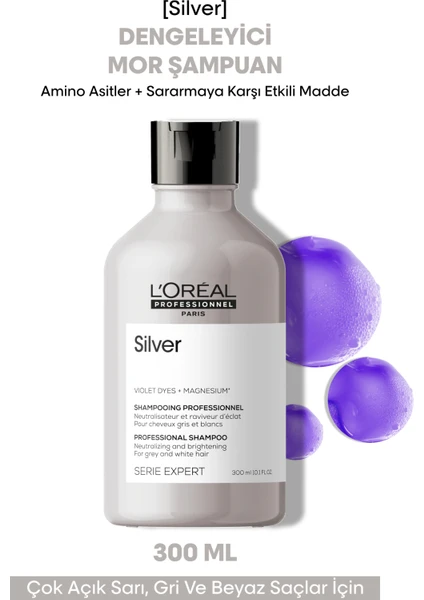 L'oreal Professionnel Serie Expert Silver Çok Açık Sarı, Gri ve Beyaz Saçlar için Renk Dengeleyici Mor Şampuanı 300 ml