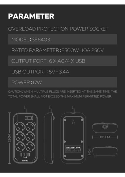 SE6403 6 Priz+ 4 USB Akım Korumalı Priz