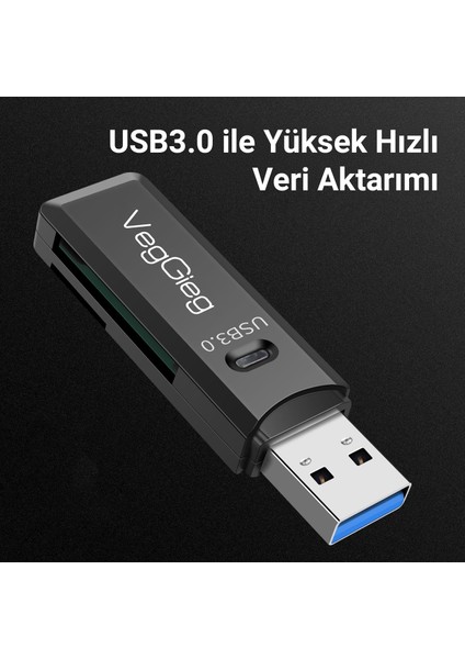 Veggieg USB 3.0 Sd ve Micro Sd Hafıza Kart Okuyucu Siyah