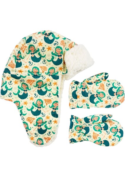 Sugeçirmez Kız Çocuk Bere Eldiven Set 1-4 Yas Kayak Snowboard Mermaid Denizkızı