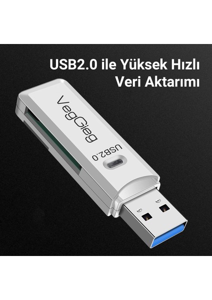 Veggieg USB 2.0 Sd ve Micro Sd Hafıza Kart Okuyucu Beyaz