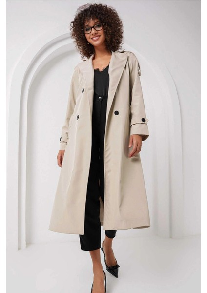 Kadın Krem Kruvaze Yaka Astarlı Kemerli Mevsimlik Trençkot HZL25W-BD159411 fiyatları