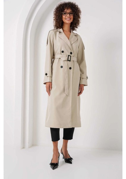 Kadın Krem Kruvaze Yaka Astarlı Kemerli Mevsimlik Trençkot HZL25W-BD159411 modelleri