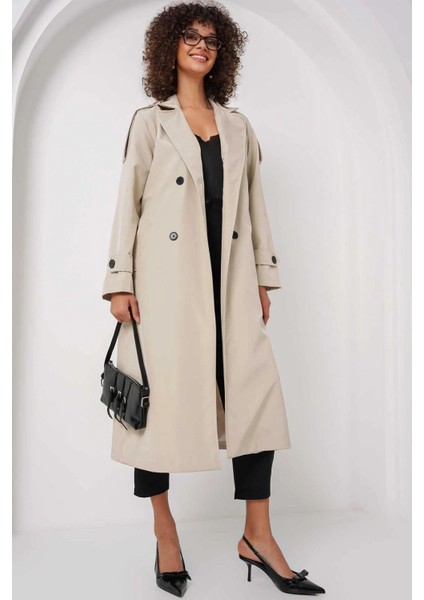 Kadın Krem Kruvaze Yaka Astarlı Kemerli Mevsimlik Trençkot HZL25W-BD159411 fırsatları